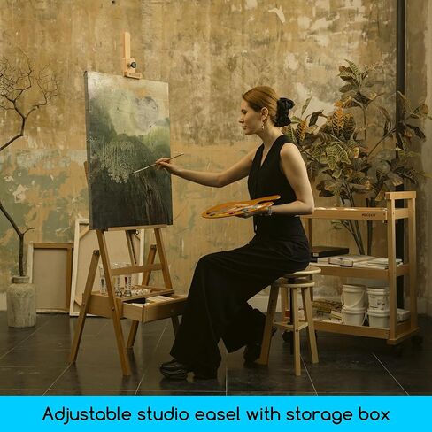 Meeden Studio H -Frame Easel مع درج تخزين إمدادات الفن - قابلة للتعديل (60 "~ 75") Wood Easel Stand للفنانين والبالغين والطلاب ، يحمل فن قماش يصل إلى 35 " - Deep Walnut in Kuwait