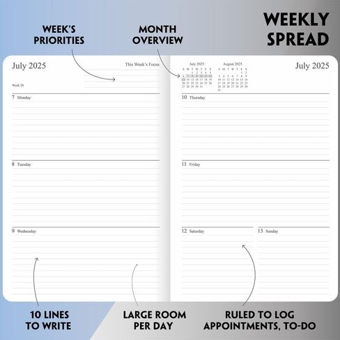 2025-2026 Planner - مخطط أسبوعي وشهري ، يوليو 2025 - يونيو 2026 ، أيام العطل ، صفحات الاتصالات والملاحظات ، الغطاء الجلدي النباتي ، الإغلاق المرن ، 5.5 "× 8.25" ، رمادي in Kuwait