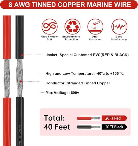 6 Gauge Marine Wire 20FT Red + 20FT Black Tinned Copper Wire, 6 AWG Oxygen Free Copper Wire for Automotive, Speakers, Solar, Marine Battery and Trailer in Saudi Arabia