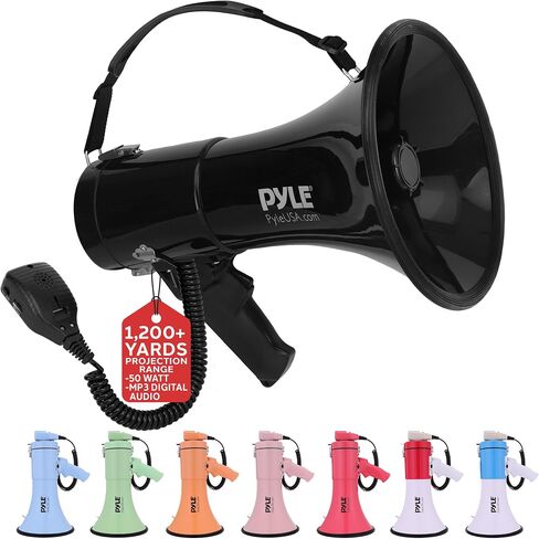 Pyle 50W Megaphone Bullhorn - Portable, Automatic Siren & Adjustable Volume,Projection Range Up to 1200 Square Yards, Aux Input, Talk, Siren, Music, Whistle, & Record, Shoulder Strap (Red) in Saudi Arabia