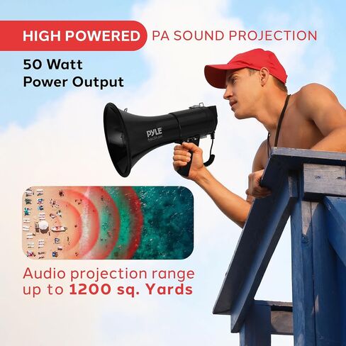 Pyle 50W Megaphone Bullhorn - Portable, Automatic Siren & Adjustable Volume,Projection Range Up to 1200 Square Yards, Aux Input, Talk, Siren, Music, Whistle, & Record, Shoulder Strap (Red) in Saudi Arabia