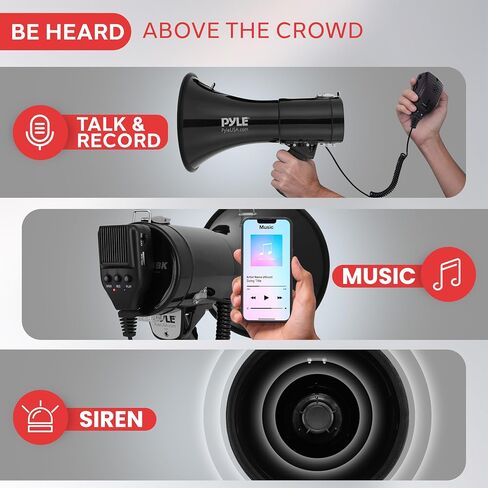 Pyle 50W Megaphone Bullhorn - Portable, Automatic Siren & Adjustable Volume,Projection Range Up to 1200 Square Yards, Aux Input, Talk, Siren, Music, Whistle, & Record, Shoulder Strap (Red) in Saudi Arabia