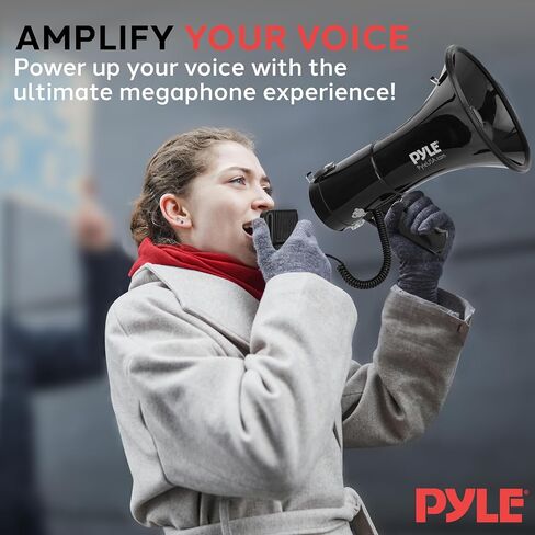 Pyle 50W Megaphone Bullhorn - Portable, Automatic Siren & Adjustable Volume,Projection Range Up to 1200 Square Yards, Aux Input, Talk, Siren, Music, Whistle, & Record, Shoulder Strap (Red) in Saudi Arabia