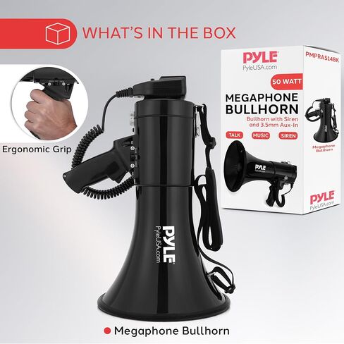 Pyle 50W Megaphone Bullhorn - Portable, Automatic Siren & Adjustable Volume,Projection Range Up to 1200 Square Yards, Aux Input, Talk, Siren, Music, Whistle, & Record, Shoulder Strap (Red) in Saudi Arabia