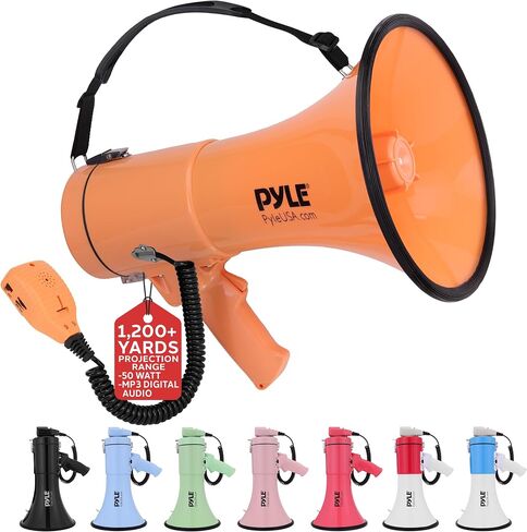 Pyle 50W Megaphone Bullhorn - Portable, Automatic Siren & Adjustable Volume,Projection Range Up to 1200 Square Yards, Aux Input, Talk, Siren, Music, Whistle, & Record, Shoulder Strap (Red) in Saudi Arabia