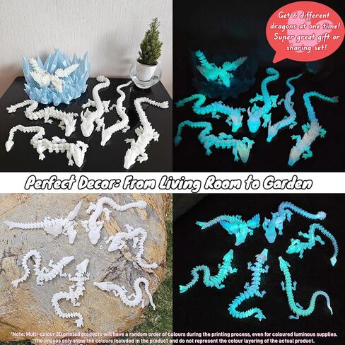 6PCS 3D Printed Dragon Glow in The Dark - Rainbow Luminous Dragons, 3D Dragon Toys for Home Decor, Desktop Pet, Best Gifts for Kids & Adults, Fantasy Collectibles in Kuwait