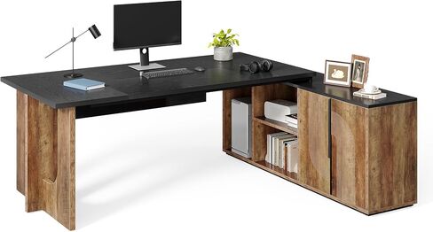 LITTLE TREE 74-Inch Executive L-Shaped Desk with Storage Cabinet & Shelves, Large Home Office Computer Desk, Modern Business Workstation for Professionals (Brown & Black) in Saudi Arabia