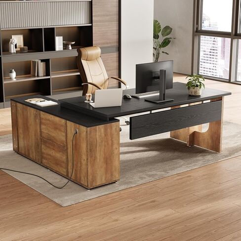 LITTLE TREE 74-Inch Executive L-Shaped Desk with Storage Cabinet & Shelves, Large Home Office Computer Desk, Modern Business Workstation for Professionals (Brown & Black) in Saudi Arabia