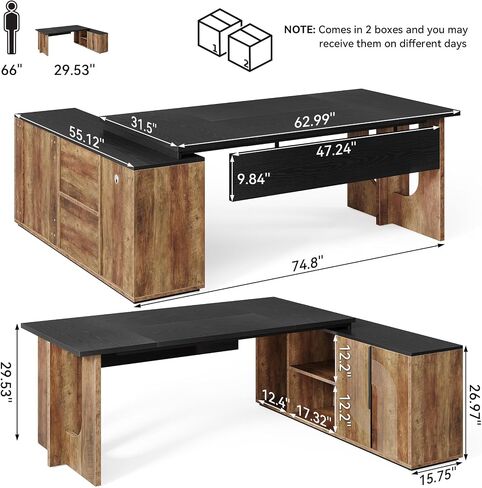 LITTLE TREE 74-Inch Executive L-Shaped Desk with Storage Cabinet & Shelves, Large Home Office Computer Desk, Modern Business Workstation for Professionals (Brown & Black) in Saudi Arabia