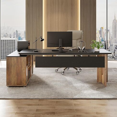 LITTLE TREE 74-Inch Executive L-Shaped Desk with Storage Cabinet & Shelves, Large Home Office Computer Desk, Modern Business Workstation for Professionals (Brown & Black) in Saudi Arabia