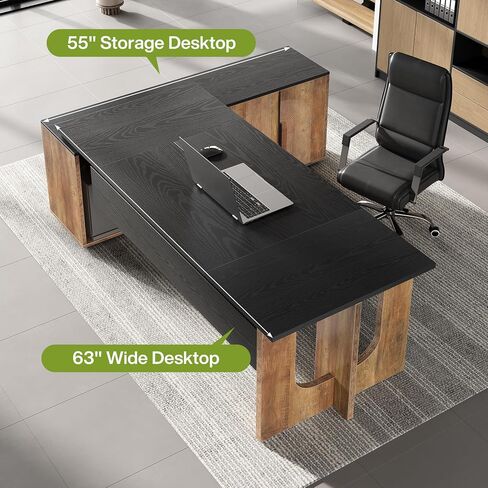 LITTLE TREE 74-Inch Executive L-Shaped Desk with Storage Cabinet & Shelves, Large Home Office Computer Desk, Modern Business Workstation for Professionals (Brown & Black) in Saudi Arabia