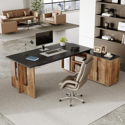 LITTLE TREE 74-Inch Executive L-Shaped Desk with Storage Cabinet & Shelves, Large Home Office Computer Desk, Modern Business Workstation for Professionals (Brown & Black) in Saudi Arabia