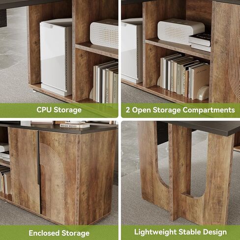 LITTLE TREE 74-Inch Executive L-Shaped Desk with Storage Cabinet & Shelves, Large Home Office Computer Desk, Modern Business Workstation for Professionals (Brown & Black) in Saudi Arabia