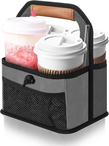 حامل المشروبات، حامل أكواب القهوة القابل لإعادة الاستخدام مع مقبض، 4 أكواب قابلة للطي مع جيوب منظمة لتأمين المشروبات الساخنة والباردة، مثالية لتوصيل الطعام وإخراجه in Kuwait