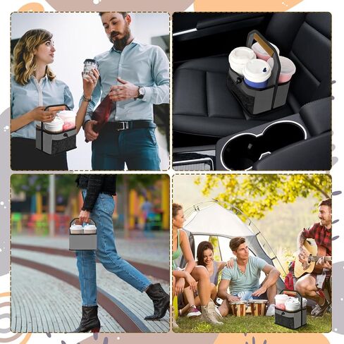 حامل المشروبات، حامل أكواب القهوة القابل لإعادة الاستخدام مع مقبض، 4 أكواب قابلة للطي مع جيوب منظمة لتأمين المشروبات الساخنة والباردة، مثالية لتوصيل الطعام وإخراجه in Kuwait