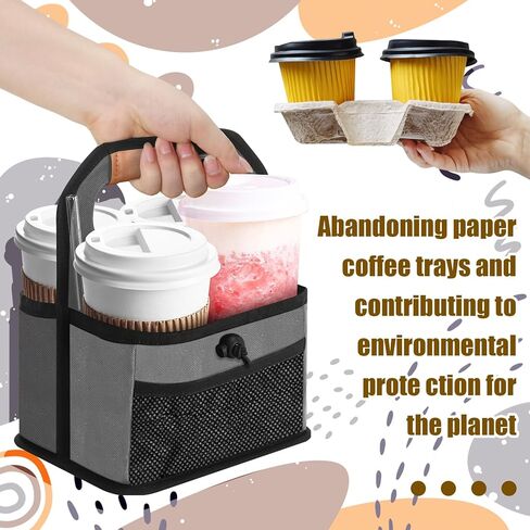حامل المشروبات، حامل أكواب القهوة القابل لإعادة الاستخدام مع مقبض، 4 أكواب قابلة للطي مع جيوب منظمة لتأمين المشروبات الساخنة والباردة، مثالية لتوصيل الطعام وإخراجه in Kuwait