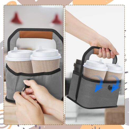 حامل المشروبات، حامل أكواب القهوة القابل لإعادة الاستخدام مع مقبض، 4 أكواب قابلة للطي مع جيوب منظمة لتأمين المشروبات الساخنة والباردة، مثالية لتوصيل الطعام وإخراجه in Kuwait