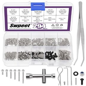 Swpeet 294Pcs Universal RC Screw Kit, 304 Stainless Steel RC Repair Accessories Screws Nuts Tools Kit, Hardware Fasteners Compatible with Most SCX24 1/24 RC Cars Crawler Trucks