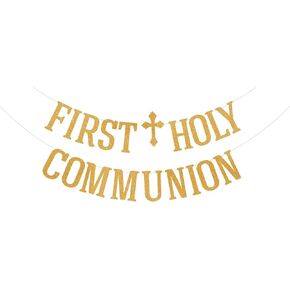 أول لافتة بالتواصل المقدس. Gold Glitter First Compleion Banner ، زخارف حفلة استحمام الطفل ، لافتة المعمودية ، زخارف حفلات استحمام الطفل