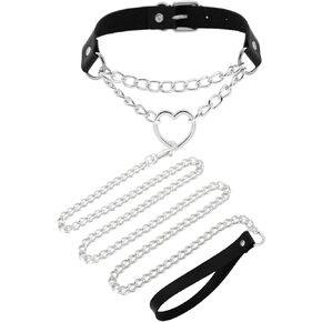 Black Leather Choker Collar Body Chain, Rave Punk Rock Accessories Goth Jewelry Heart Emo Necklace for Halloween Cosplay