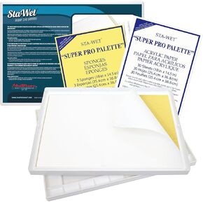 لوحة Mastersson Sta-Wet Super Pro Palette مجموعة 11.5x15.5in لوحة الطلاء الرطبة مع 32 لوحة ألوان مائية جيدًا ، و 30 ورقة إعادة ملء الورق الأكريليك و 3 عبوة إسفنجية ، تبقي الطلاء طازجًا ، مصنوعًا في الولايات المتحدة الأمريكية