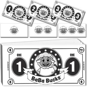 Baba Bucks: عمر 18 مترًا+ مكافآت حوافز السلوك التربوي - Play Play Money for Toddlers & Kids Toply Consure و Collecte and Cash - $ 1 $ 3 $ 3 Bills - 100 ورقة ورقية مثقبة