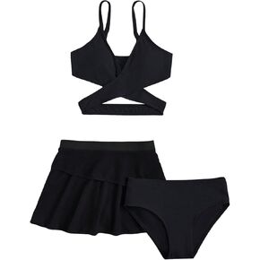 Milumia Girl's 3 Pieces Bikini Set Wrap Criss Cross Swimsuit Bathing Suit with Ruffle Beach Skirt in Kuwait