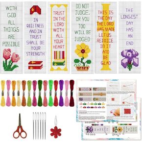ORIGACH 6 Pcs Cross Stitch Bookmark Kit for Beginner with Backing Felt Floss Instruction Bible Verses Stamped Embroidery Bookmark Kit for Starters Adults Book Lovers