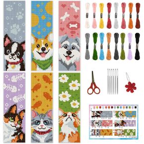 INFUNLY 6PCS Dogs Cats Cross Stitch Bookmark Kit for Beginners 8.66"×3.15" Animals Stamped Embroidery Bookmark Kit Pet Needlepoint Bookmark Kit with Instruction for Book Lovers Reader Writers