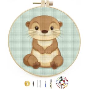 Generic Cartoon Cute Otter Easy Stamped Cross Stitch Kit for Beginners with Hoop Simple Patterns 11CT Counted Embroidery Needlepoint Crafts Arts for DIY Enthusiasts and Home Decor 26x26cm