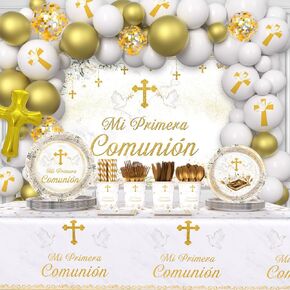 281 PCS MI Primera Comunion Decorations Decorations تشمل أطباق الكأس والمنديل ومائدة المائدة الأولى من أدوات البالونات ذات الطابع البيضاء والذهبي.