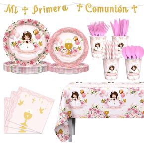 194pcs Mi Primera Comunión Decoration for Girls ، Pink First Compleliion Party Supplies Banner Paper Paper Plates Cups Cups TableCloth خدمة 24 ضيفًا