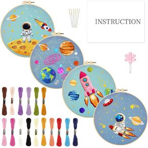 INFUNLY 4 Sets Astronaut Embroidery Kits for Beginners Space Cross Stitch Sets with Instructions Rockets Embroidery Starter Kits for Adults DIY Embroidery Needlepoint Kits Handmade Sewing Craft Sets