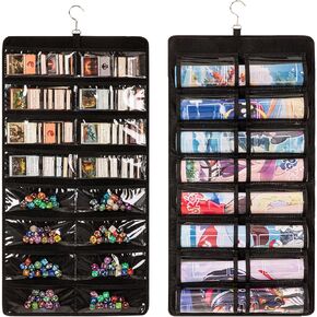 Dual Sided TCG&MTG Playmat Organizer, Dust Proof Storage Case For Dices and Cards, Game Accessories Holder with 24 Clear Slots & Metal Hook, Designed for Standard MTG/TCG Playmats (14" x 24") (Black)