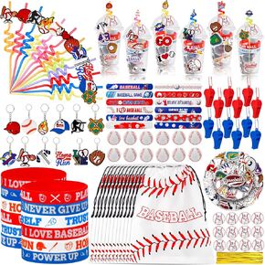170 PCS Baseball Party Forms Supplies تحتوي على ألواح البيسبول Goodie Cups Coups Straw Congls Foam Baseballs Bracelets Heains Thanks You Tags - مستلزمات عيد ميلاد بيسبول مثالية للفريق