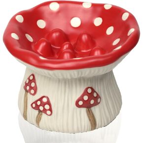 Ceramic Cat Bowl, Cute Red Mushroom Elevated Cat Food Dish, Shallow Raised Feeder, Anti Vomiting, Stress Free, Whisker Fatigue