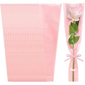 Whaline 50Pcs Single Flower Wrapping Bags Kraft Paper Floral Packing Sleeves Bouquet Bags Clear Flower Wrapping Sleeves for Wedding Birthday Graduation Anniversary Mother's Day Gift, 4.9x1.6x15.7 Inch