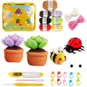 طقم الكروشيه Sagud للمبتدئين 4 حيوانات ونباتات DIY Knitting Kit Gift للأطفال البالغين ، مجموعة كروشيه بداية مع دروس فيديو خطوة بخطوة وملحقات خطاف الخيوط