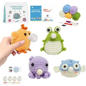 طقم الكروشيه للمبتدئين ، 4pcs الضفدع دجاج الأخطبوط التي تهب مجموعة من البالون الكروشيه حيوانات ، مجموعة كاملة من موازم الحياكة الحرفية مع الغزل ، والسنانير ، والفيديو التعليمية ، ومشاريع DIY للمبتدئين البالغين