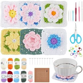 طقم كروشيه Acrnigheet للمبتدئين 3D Granny Square Crochet Kit للبالغين يتعلمون مجموعات الكروشيه للمبتدئين في حظر مجموعة حياكة حصيرة مع دليل فيديو خطوة بخطوة.