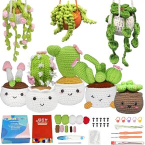 Wueuru 8 PCS Kit Crochet Kit للمبتدئين ، مجموعات بداية الكروشيه للبالغين ، بداية مع دروس فيديو خطوة بخطوة ، معلقة عائلة النباتات المحفوظة بوعاء