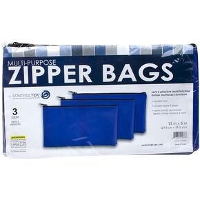Controltek 11 "x 6" Blue Vinyl Zipper Bag 3 Pack ، حقيبة إيداع بنك أمنية أمان ، حقيبة نقدية ، حقيبة عملة ، حقيبة فائدة ، 530495