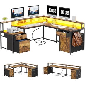 YITAHOME L Shaped Desk, 63" Reversible Computer Desk with 3 Drawers & Power Outlets, Corner Desk with LED Lights & Storage Cabinet, Long Home Office Desk, Rustic Brown