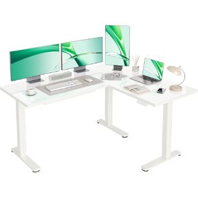 L Shaped Glass Standing Desk Adjustable Height, Dual Motor Electric Corner Standing Desk with Drawers, 63x55 inch Sit Stand up Desk with Splice Board for Home Office, White