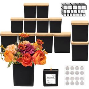 CONNOO 12 Pack 9oz, 3oz Pink Square Candle Jars for Making Candles, Thick Glass Bulk Empty Candle Containers with Airtight Bamboo Lids for Candle Making, Sticky Warning Labels - Dishwasher Safe