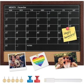 MaxGear Magnetic Chalkboard Calendar Corkboard Monthly Calendar Corkboard for Wall, 17" x 13" Wood Frame Blackboard Planner Cork Combo Board, Includes Liquid Chalk and Magnet