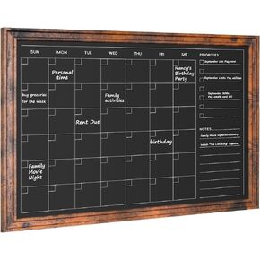 4 Thought Chalkboard Calendar 24 "× 18" ، السبورة التقويمية المغناطيسية لجدار معلق لوحات الطباشير قائمة المجلس الشهري مخطط بني ريفي إطار ديكور المطبخ المنزل 8 مغناطيس 1 علامة