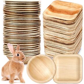 50 Pcs Disposable Palm Leaf Bowls Plates Set for Rabbits 4", Sturdy Bamboo Party Bowls Decorative Compostable Tableware for Rabbits Easter Birthday Outdoor BBQ Picnic Wedding