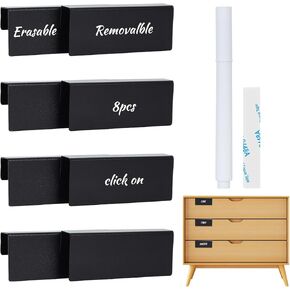 Metal Cabinet Label 8 Pcs Removable Basket Labels Clip on Door & Drawer, Reusable Storage Bin Labels Holders for Kitchen, Office, Dresser, Cloakroom(with 1 Erasable Marker, 10 3M Adhesive Pads)