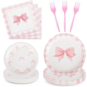200Pcs Pink Bow Party Plates Kit, Serves 50 - Includes Plates, Napkins, and Forks for Girl, Bachelorette, Bridal, Engagement, Birthday Decoration